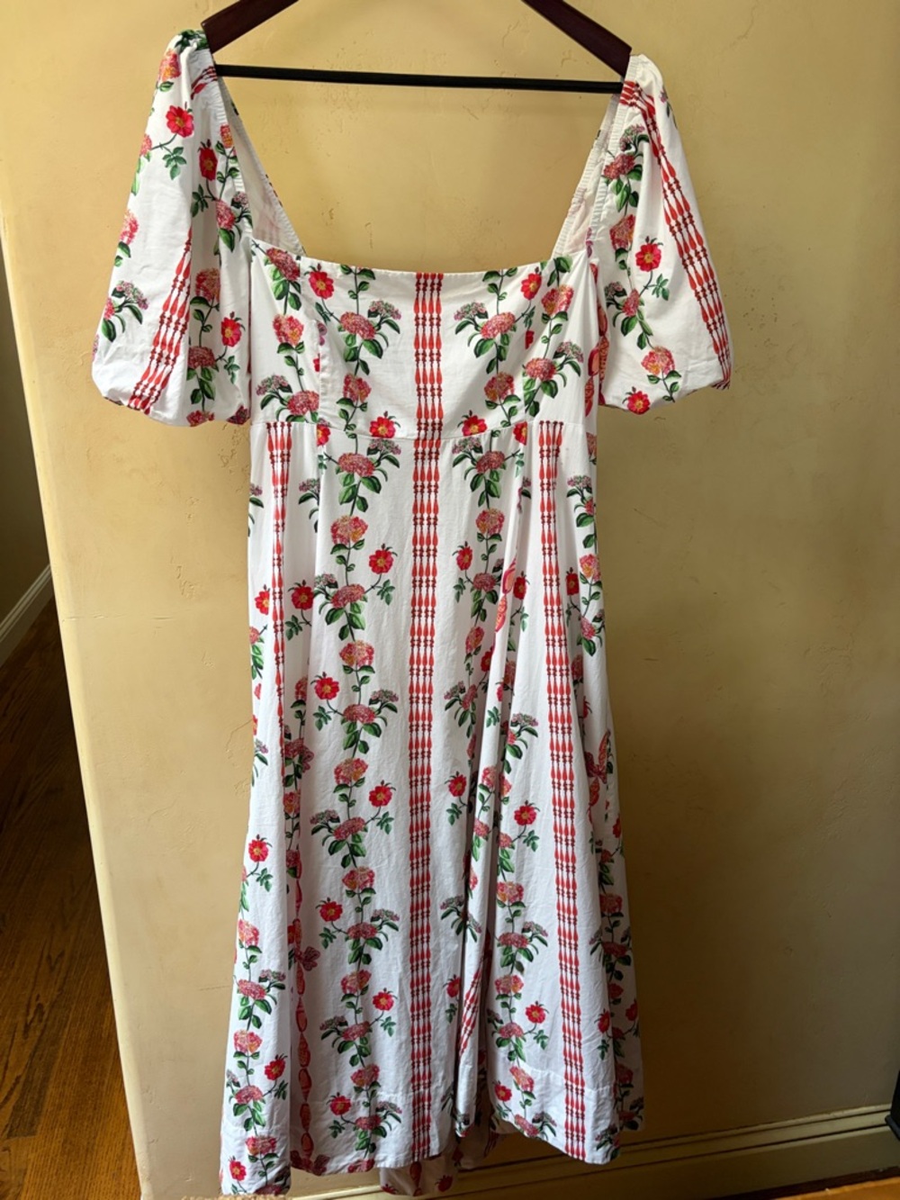 Hill House White Maxi Dress with Red Floral & Green Leaf Print